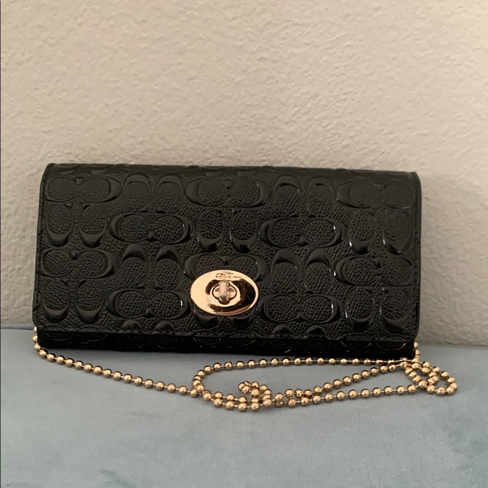 COACH Black Embossed Leather Clutch with Gold Chain - USED